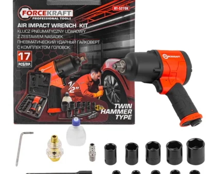 Пневмогайковерт ударный''Twin Hammer''срегулировкой1/2''+набор головок(9-11,13,14,17,19,22,24,27мм,720Hм,7500об/мин,6.3bar,236л/мин+лубр.-р+ штуцер)