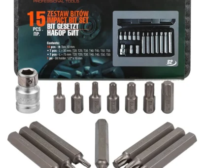 Набор бит TORX с битодержателем,15пр. 1/2''(L: 30/75мм, Т20,Т25,Т30,Т40,Т45,Т50,Т55)