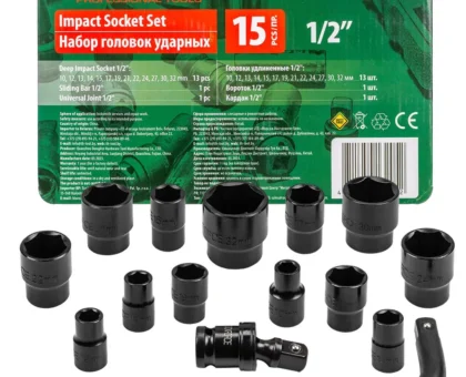 Набор головок ударных 15пр. 1/2''(6-гр.) (10,12, 13, 14, 15, 17, 19, 21, 22, 24, 27, 30, 32мм) в ложементе
