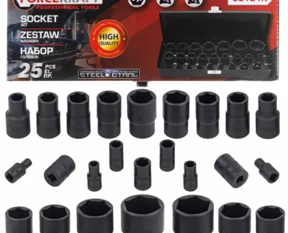 Набор головок ударных 25пр. 1/4'', 1/2''(6гр.)(1/2'': 10,11,12,13,14,15,16,17,18,19,21,22,24,27,30,32мм. 1/4'': 4,5,6,7,8,9,10,12,13мм.)